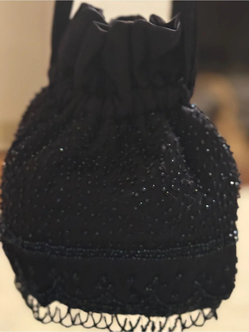 Black Drawstring Evening Pouch with sparkling black beading, Unbranded. 8” X 7”